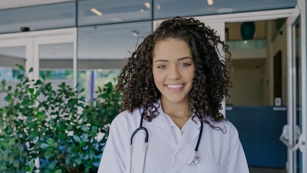 Une jeune femme médecin latine porte un uniforme blanc, une blouse médicale blanche, un stéthoscope et regarde la caméra