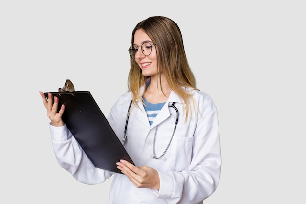 Jeune femme médecin en uniforme lisant des fichiers isolés