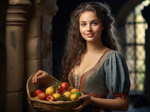 Photo jeune femme médiévale dans un portrait souriant de corset tient un panier de fruits