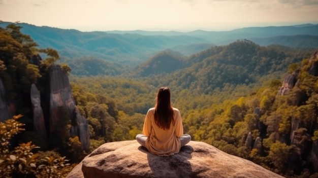 Jeune femme méditant au sommet d'un rocher et regardant un beau paysage Generative AI