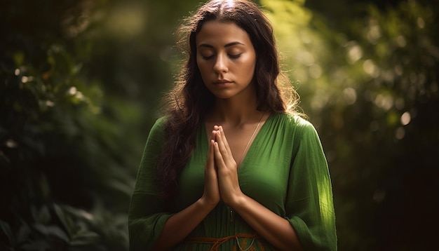 Jeune femme méditant dans une forêt sereine pratiquant la spiritualité et la relaxation générées par l'IA