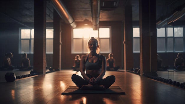 Jeune femme méditant en position du lotus sur un tapis de yoga à homegenerative ai