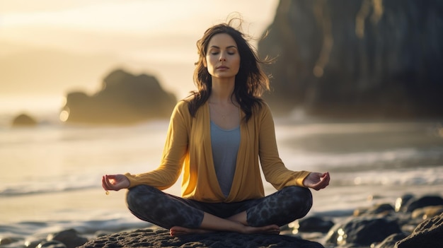 Une jeune femme méditant sur un rocher au bord de la mer sur la plage pratiquant la pleine conscience et concentrée b