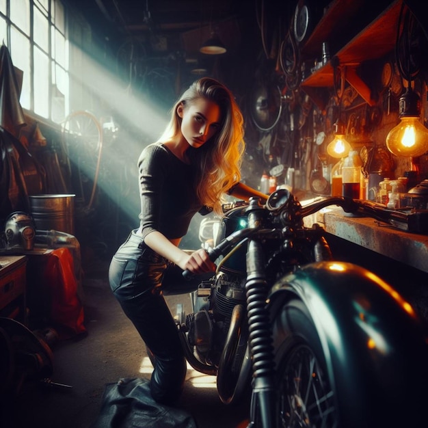 jeune femme métisse musclée dans un garage sombre réparation moto faible lumière chaude