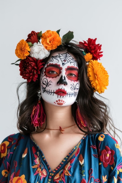 Photo jeune femme mexicaine avec un vibrant maquillage de crâne de dia de los muertos