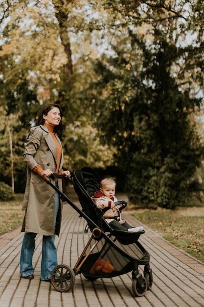 Une jeune femme avec un mignon bébé dans une poussette à l'automne au parc