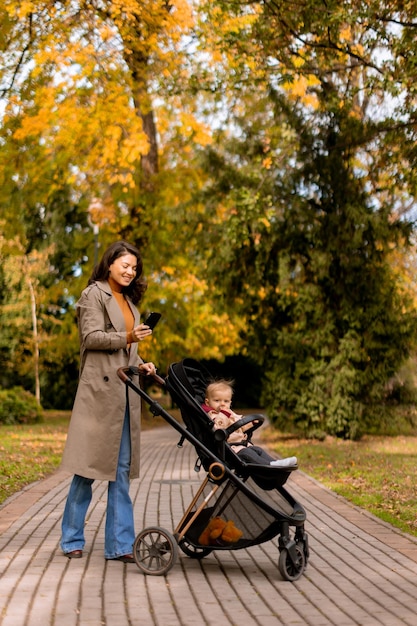 Une jeune femme avec un mignon bébé dans une poussette en utilisant un téléphone portable au parc d'automne