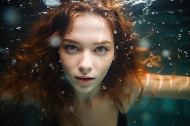 jeune femme mignonne modèle nager sous l'eau