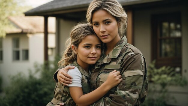 Photo une jeune femme militaire en uniforme de camouflage rentre chez elle et embrasse sa fille.