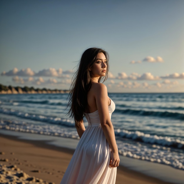 Une jeune femme mince et belle sur la plage au coucher du soleil.