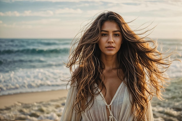 Photo une jeune femme mince et belle sur la plage au coucher du soleil.