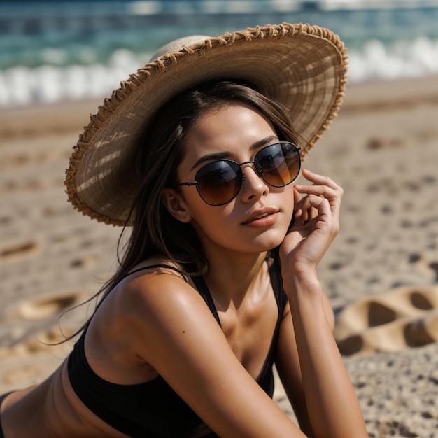 Une jeune femme mince et belle sur la plage au coucher du soleil.