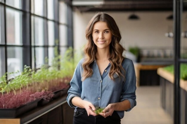 Une jeune femme mince en jean et en haut tient des microgreens.