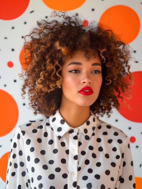 Photo une jeune femme à la mode avec des cheveux bouclés et un rouge à lèvres audacieux sur un fond à pointes