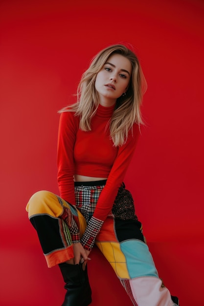 Une jeune femme à la mode dans un pantalon éclectique pose sur un fond rouge vibrant