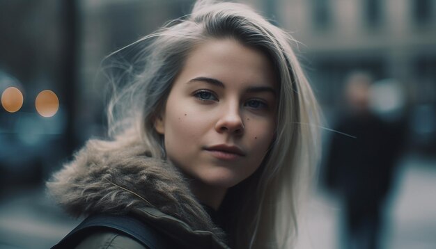 Jeune femme à la mode hivernale souriante à l'extérieur générée par l'IA