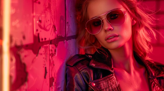 Une jeune femme à la mode posant avec des lunettes de soleil dans un décor urbain au néon