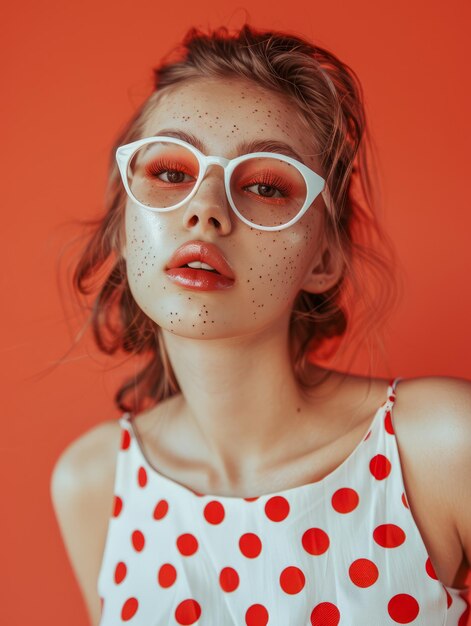 Photo une jeune femme à la mode avec une robe à pointes et des lunettes élégantes posant sur un fond orange vif