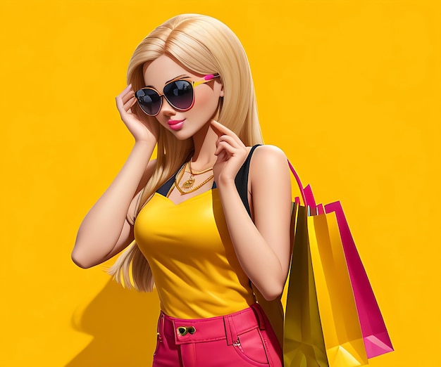 Jeune femme à la mode avec des sacs en papier ajustant des lunettes de soleil et pendant les achats sur fond jaune
