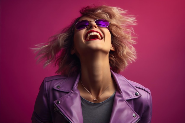 Une jeune femme à la mode avec une veste en cuir violet et des lunettes de soleil sur fond rose