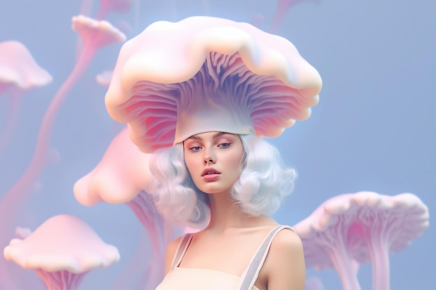 Photo jeune femme modèle ayant défilé portant un champignon extravagant comme une casquette chapeau atmosphère d'hallucination ia générative