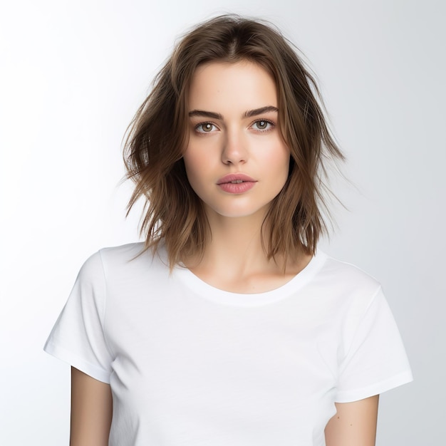 Jeune femme de modèle avec un t-shirt blanc et des cheveux courts.