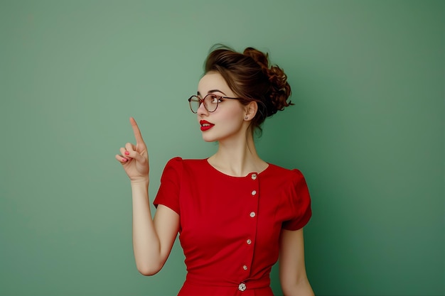 Jeune femme montrant les doigts dans une robe rouge avec des lunettes