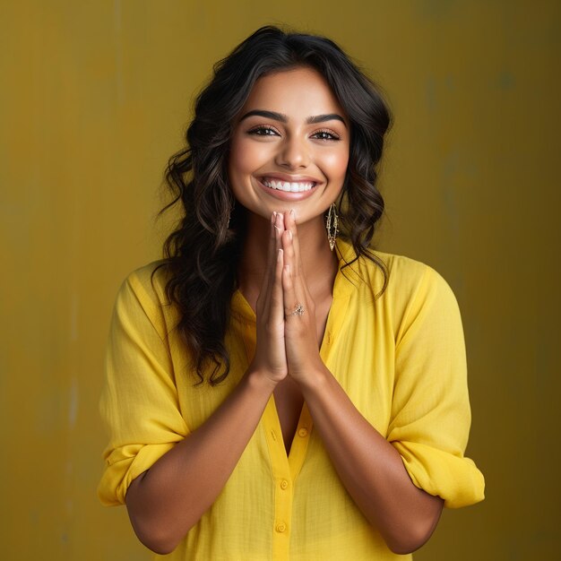 jeune femme montrant le geste de la main namaste sur fond jaune foncé IA générative