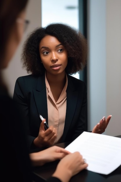 Jeune femme montrant son CV à un employeur potentiel créé avec une IA générative