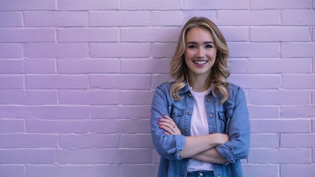 Une jeune femme motivée, heureuse et sûre d'elle avec les cheveux blonds, les bras croisés et souriant à la caméra.