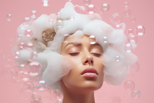 Jeune femme en mousse de savon avec des bulles Prendre un bain à mousse avec des cheveux en mousse et soins de la peau en utilisant du shampooing ou du gel Cosmétiques et concept de relaxation Hygiène personnelle soin de la peau routine quotidien fond pastel