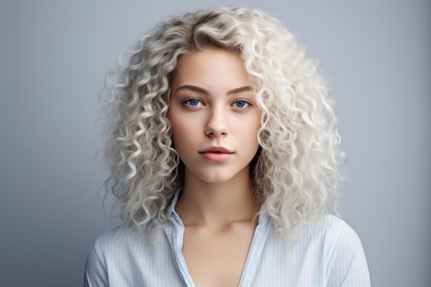 Une jeune femme multiculturelle aux cheveux blancs bouclés dans une photo de studio