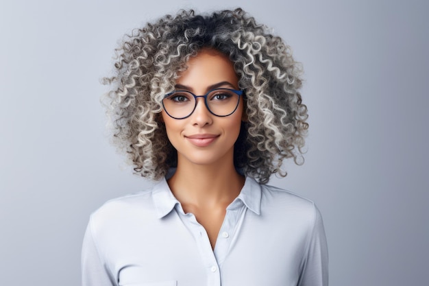 Une jeune femme multiculturelle aux cheveux blancs bouclés dans une photo de studio