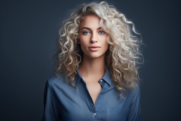 Une jeune femme multiculturelle aux cheveux blancs bouclés dans une photo de studio