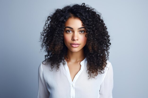 Une jeune femme multiculturelle aux cheveux blancs bouclés dans une photo de studio