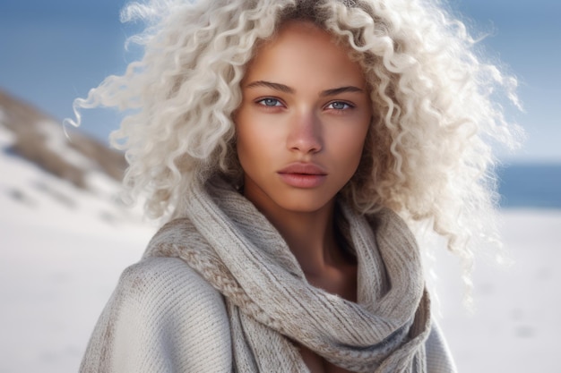 Une jeune femme multiculturelle aux cheveux blancs bouclés.