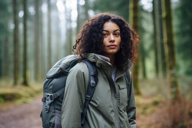 Jeune femme multiethnique en randonnée dans les bois