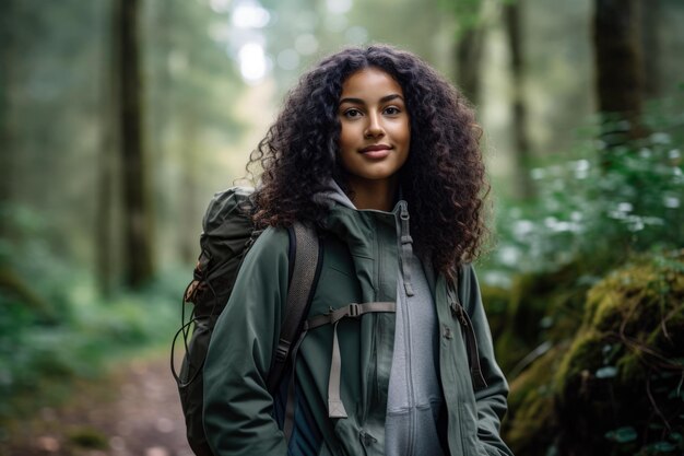 Jeune femme multiethnique en randonnée dans les bois