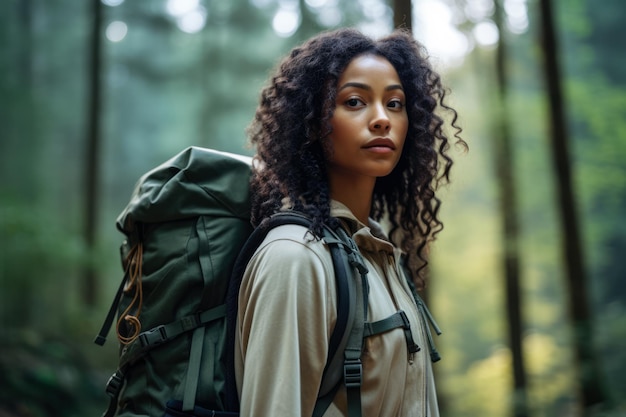 Jeune femme multiethnique en randonnée dans les bois