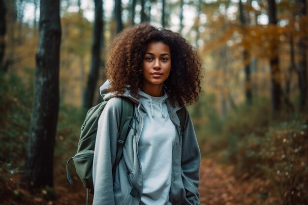 Jeune femme multiethnique en randonnée dans les bois