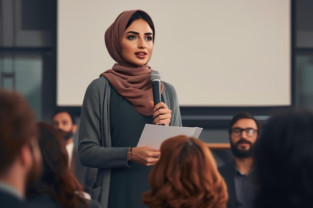 jeune femme musulmane arabe portant un hijab faisant une présentation à un groupe de personnes générative ai