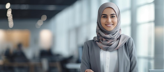 Jeune femme musulmane confiante dans un bureau moderne portant un foulard souriant à la taille de la caméra