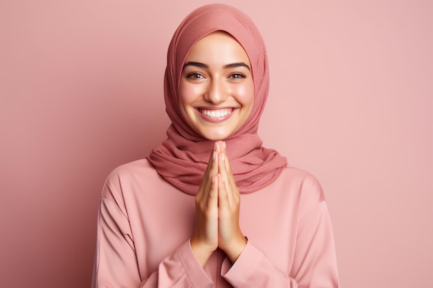 Une jeune femme musulmane dans un hijab rose sourit et regarde la caméra