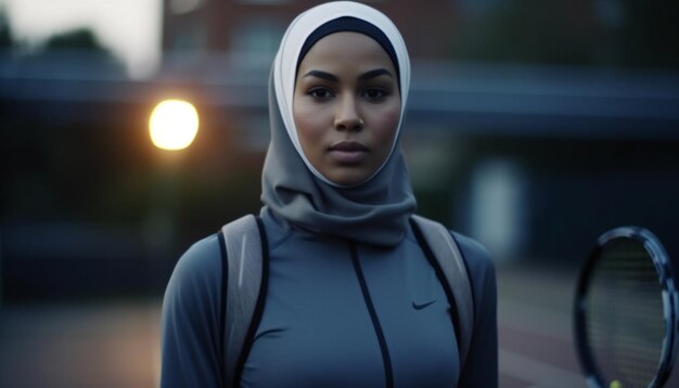 Photo une jeune femme musulmane a un entraînement de tennis tôt le matin.