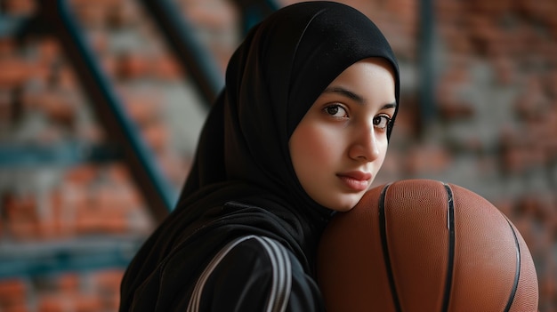 Photo une jeune femme musulmane en hijab avec un basket-ball portrait d'une femme islamique faisant du sport