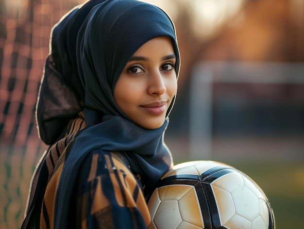 Photo une jeune femme musulmane en hijab avec un football portrait d'une femme islamique faisant du sport