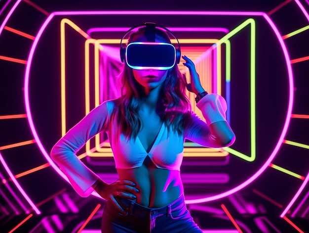 Jeune femme avec des néons portant un casque VR dansant et expérimentant le métaverse de simulation de réalité virtuelle et le monde fantastique