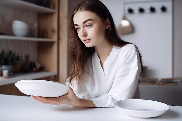 Une jeune femme nettoie la cuisine à la maison en mettant les choses en ordre.