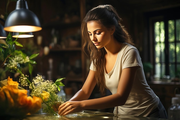 Une jeune femme nettoie la cuisine à la maison en mettant les choses en ordre.