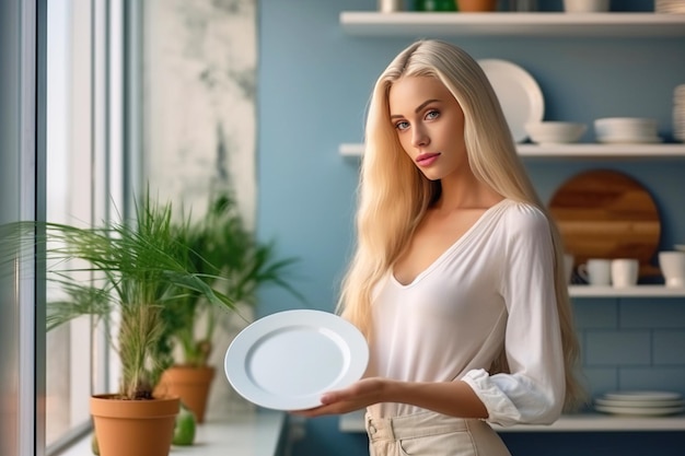 Une jeune femme nettoie la cuisine à la maison en mettant les choses en ordre.